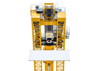 Yellow industrial crane hook with blank sign isolated on transparent background