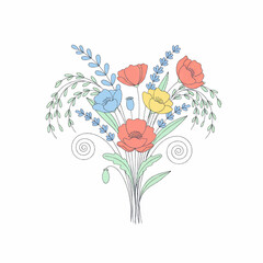 Colorful Hand Drawn Floral Bouquet Line Art Illustration for Spring Design