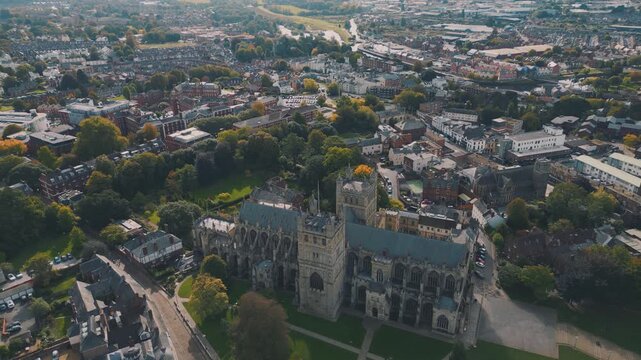 Aerial drone shot of Exeter Cathedral