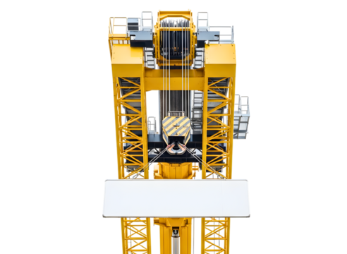 Yellow industrial crane hook with blank sign isolated on transparent background