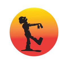 Silhouette of a lurching zombie against a fiery sunset, perfect for Halloween and horror themes