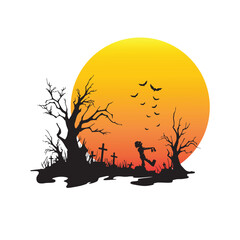 Eerie Halloween night scene featuring a zombie in a haunted graveyard, silhouetted against a vibrant orange full moon, with bare trees and flying bats, for a chillingly spooky design