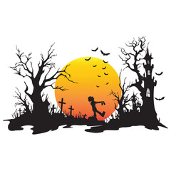 Halloween Silhouette Scene with Zombie, Bats, and Spooky Background - Vector Illustration