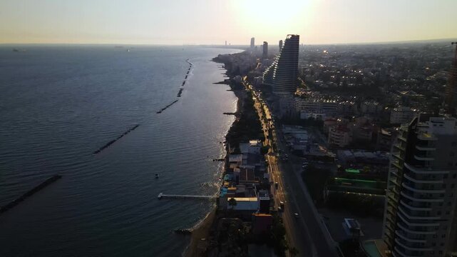 Embankment in Limassol, Cyprus.
Beautiful views of the island. Aerial view of buildings and city traffic. A sunny summer day