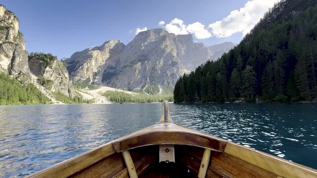 POV from wooden boat on Lake Braies, Lago di Braies, Pragser Wildsee, in the Dolomites, Italy. Turquoise water, calm mountain lake, water ripples. Travel and nature background. Atmosphere Ambient.
