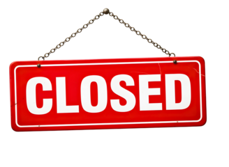 Red closed sign hanging on chains isolated on transparent background