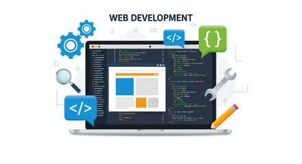 Laptop displaying code and web design elements for web development.
