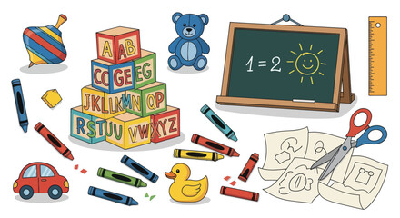 Colorful Childrens Toys and Educational Supplies Collection.