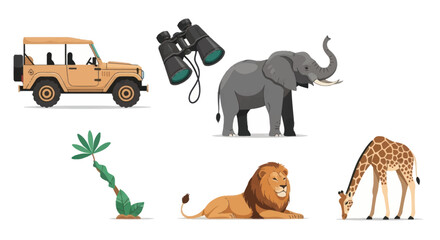 Safari Adventure: Cartoon Animals and Vehicle Illustration.