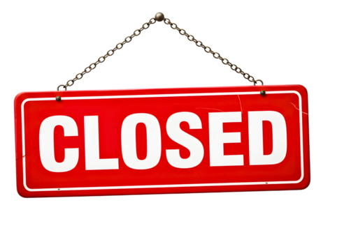 Red closed sign hanging on chains isolated on transparent background
