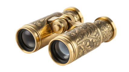 Elegant antique gold binoculars with intricate engraving detail offer a luxurious aesthetic for travel, adventure, and exploration, ideal for luxury brands