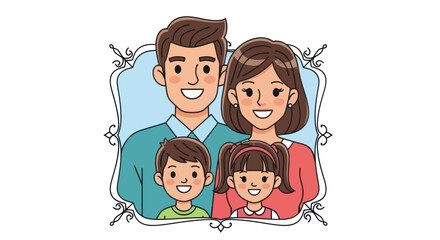 Happy Cartoon Family Portrait Illustration with Parents and Two Children.