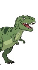 Fototapeta premium A cartoon Tyrannosaurus rex with green skin and spots, standing with a menacing gaze and open mouth