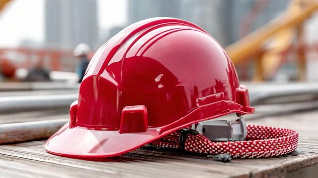 Protective Headgear: A close-up view of a vibrant red hard hat, symbol of safety and diligence in the construction industry. 