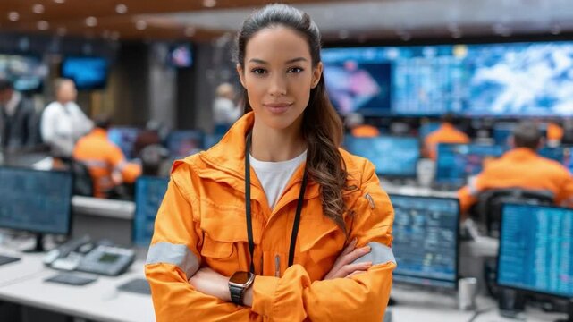 Confident Woman in Control Room: A determined woman, arms crossed, stands amidst a high-tech control room environment, radiating authority and competence. conveying capability.