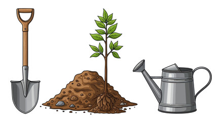 A hand-drawn illustration of gardening tools featuring a shovel a young tree sapling in soil and a metal watering can. © ahmad
