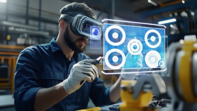 Future Factory: A worker immersed in futuristic tech, utilizing virtual reality goggles and a digital interface to perform tasks within a modern factory environment.