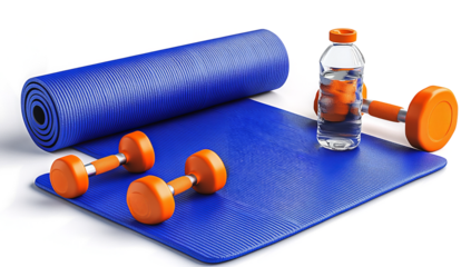 blue yoga mat with orange dumbbells and a water bottle on a transparent background