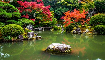 Obraz premium Japanese Garden Serenity - Autumn Colors Reflecting in Pond.