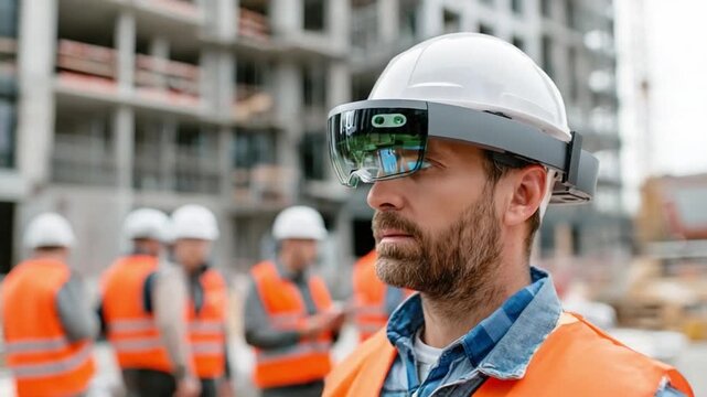 Construction worker and augmented reality headset: A construction worker wearing a hard hat and an augmented reality headset, overseeing a building under construction.