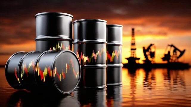 Oil Barrels Amidst a Fiery Sunset: A striking composition featuring rows of oil barrels, their dark forms contrasting against a vibrant backdrop of a setting sun and a silhouette of oil rigs.