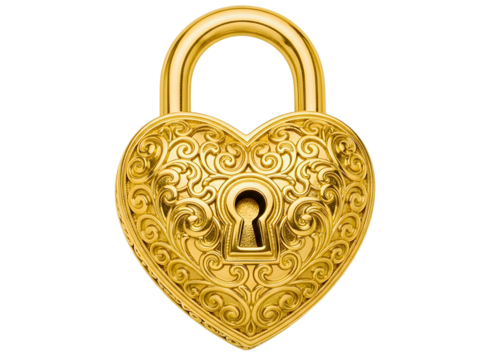 Ornate golden heart shaped padlock isolated on transparent background