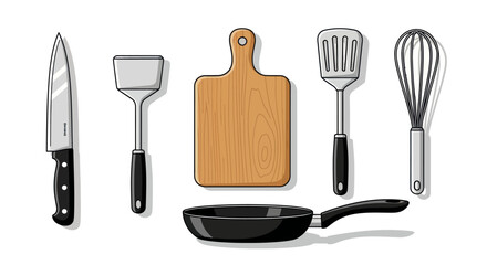 Kitchen Utensils Set: Knife Spatulas Cutting Board Whisk and Frying Pan.