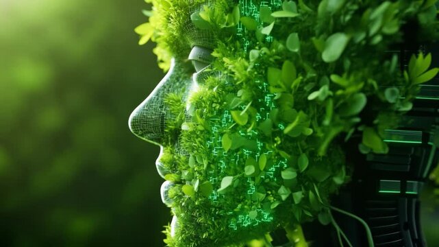 Harmony of Nature and Humanity: A thought-provoking composition depicts the silhouette of a human face interwoven with vibrant green foliage.