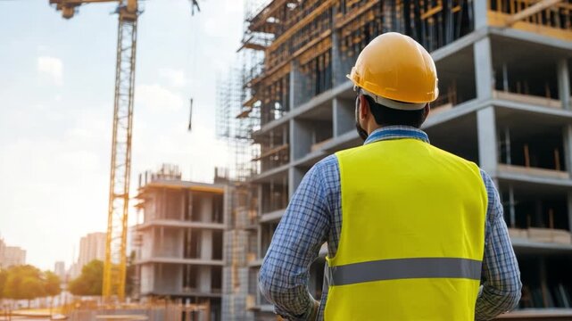 Building Inspector at a Construction Site: A focused building inspector in a safety vest and hard hat stands at a construction site.