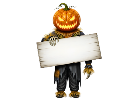 Scary jack o lantern character holding wooden sign isolated on transparent background