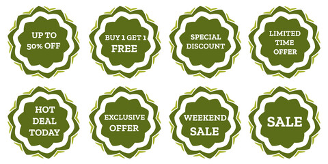 Set Of Eco Green Sale Stickers and Offer Tags for Organic, Natural and Sustainable Product Promotion Design