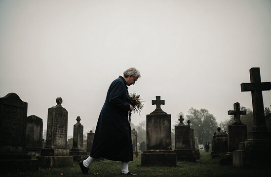 mujer anciana caminando entre l&aacute;pidas en cementerio
