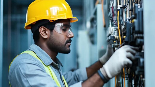 Engineering Precision: A focused engineer, equipped with protective gear, meticulously inspects complex machinery within an industrial setting.