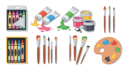 Colorful Art Supplies: Crayons Paint Tubes Brushes and Palette for Creative Projects.