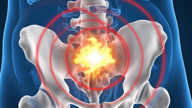 Human Pelvis Anatomy with Pain Highlighted in Red Circle and Yellow Glow.