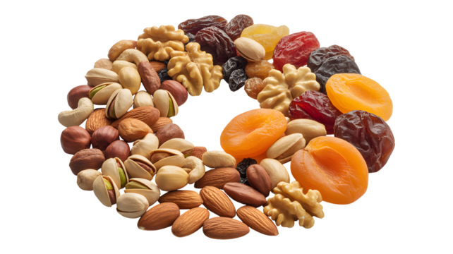Healthy mix of nuts and dried fruits in vibrant circular arrangement, perfect for snacks, recipes, and wellness themes
