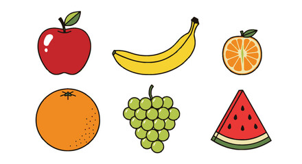 Colorful Assortment of Freshly Drawn Fruits on White Background.