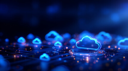 Cloud technology, digital network, glowing icons, data storage, futuristic design, vibrant