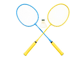 Two badminton rackets crossed with shuttlecock isolated on transparent background