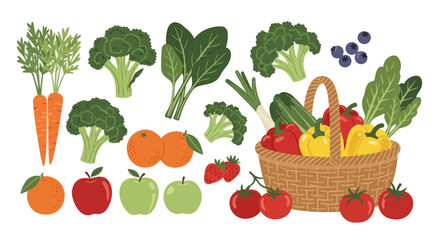 Assortment of Fresh Fruits and Vegetables in a Wicker Basket.