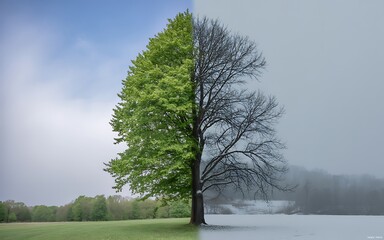 Tree divided showing spring and winter seasons