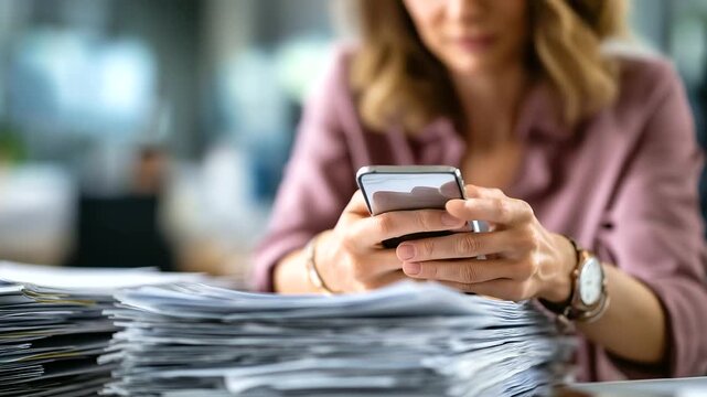 Woman scanning documents for online submission via smartphone document digitization office workflow digital submission with copy space