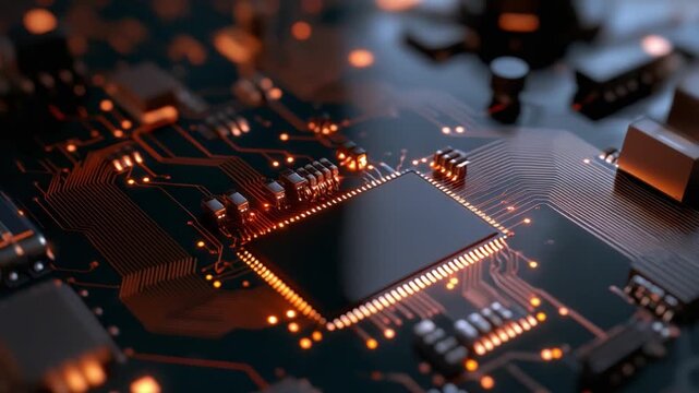 Circuit Board's Technological Heartbeat: A close-up view of a high-tech circuit board pulsates with a warm, amber glow, symbolizing the intricate network of digital intelligence.