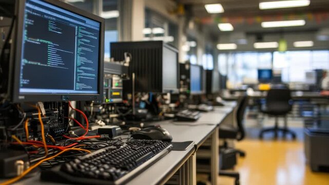 Tech Workspace: The image showcases a modern tech workspace, highlighting rows of computer monitors displaying code. The environment exudes a sense of innovation and technological advancement.