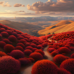 Vibrant Red Landscape, Stunning Red Desert Path, Endless Red Hills View, Red Hills and Scenic Path, Magical Red Rolling Hills, Sunset Over Red Landscape,  Breathtaking Red Nature, Serene Red Hills in 