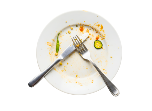 Empty dirty plate with crumbs and cutlery isolated on transparent background