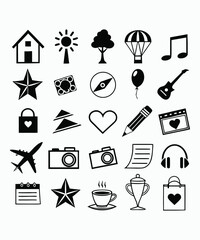 Collection of Everyday Icons Representing Travel, Creativity, Music, and Modern Lifestyle.