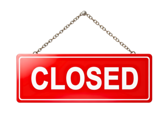 Red closed sign hanging on chains isolated on transparent background