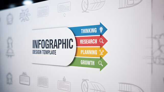 Dynamic infographic design template showcasing thinking, research, planning, and growth for strategic presentations and modern marketing materials now!
