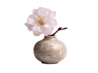 Delicate Pink Flower in Ceramic Vase, isolated on transparent cutout background